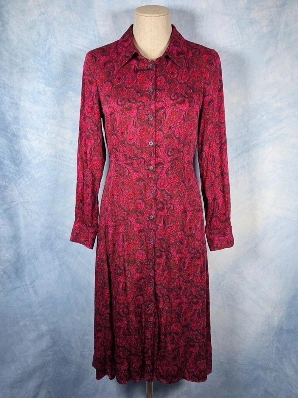 Boden Magenta Paisley Long-Sleeve Button Front Dress